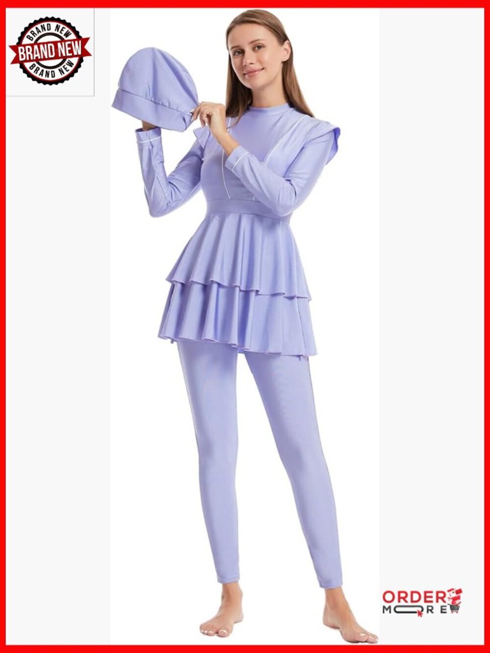 Modest Full Coverage Burkini 3 Piece Long Sleeve Rash Guard Swimsuit